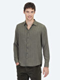 Haki Çizgili Regular Fit Dokuma Casual Gömlek
