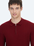 Kırmızı Polo Yaka Jakarlı Yün Karışımlı Triko Kazak