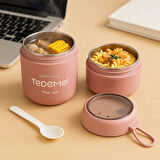 Dekorasyaa 2 Katlı Lunch Box - Pembe - Paslanmaz Çelik - Kaşıklı - Yemek Taşıma Kabı - 710ml