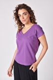 Kadın %100 Pamuklu Dokulu V Yaka Kısa Kollu Tişört