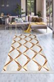 DijiDekor KY7059 Gold Saçaklı Dijital Halı Kaymaz Yıkanabilir Oda Mutfak Koridor Salon Halısı