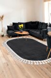 DijiDekor Koyu Gri Oval Post Dokuma Halı Saçaklı Peluş Yumuşacık Kaymaz Antibakteriyel 100X150