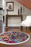 DijiDekor 9010 Patchwork Temalı Saçaklı Dijital Yuvarlak Halı Kaymaz Yıkanabilir 100X100