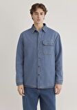 Jeremy Classic Denim Süni Kürklü Indigo Mavisi Jean Gömlek 0211186-88559