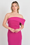 Dans Kadın Kol Detaylı Straplez Midi Abiye Elbise 1816 Fuşya