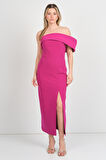 Dans Kadın Kol Detaylı Straplez Midi Abiye Elbise 1816 Fuşya