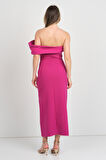 Dans Kadın Kol Detaylı Straplez Midi Abiye Elbise 1816 Fuşya