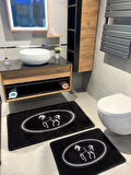 At Desen Horse Desenli 2'li Kaymaz Taban Banyo Paspas Takımı (60x100 - 60x50) Siyah