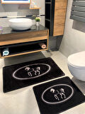 At Desen Horse Desenli 2'li Kaymaz Taban Banyo Paspas Takımı (60x100 - 60x50) Siyah
