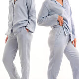 Kadın Müslin Pijama Takımı Düğmeli Yakalı Pijama