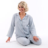 Kadın Müslin Pijama Takımı Düğmeli Yakalı Pijama