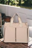Moderna Saten Kumaş Uzun Askılı Fermuarlı Bölmeli Kadın Çantası Omuz Çantası 38x30x11 Tote Bag Krem