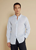 Brooks Brothers Slim Fit Düğmeli Yaka Mavi - Beyaz Erkek Gömlek BBSS24MSH063