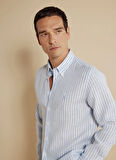 Brooks Brothers Slim Fit Düğmeli Yaka Mavi - Beyaz Erkek Gömlek BBSS24MSH063