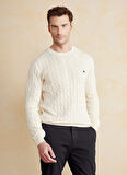 Brooks Brothers Bisiklet Yaka Standart Saç Örgü Desenli Kırık Beyaz Erkek Kazak BBSS25MKL021