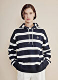 Brooks Brothers Kapüşon Yaka Çizgili Lacivert - Beyaz Kadın Sweatshırt BBSS25FSW001