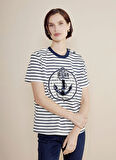 Brooks Brothers Bisiklet Yaka Çizgili Lacivert - Beyaz Kadın T-Shirt BBSS25FTS004