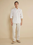 Brooks Brothers Regular Fit Düğmeli Yaka Beyaz - Bej Erkek Gömlek BBSS25MSH019
