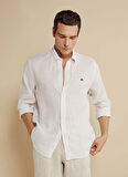 Brooks Brothers Regular Fit Düğmeli Yaka Beyaz - Bej Erkek Gömlek BBSS25MSH019
