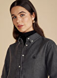 Brooks Brothers Oversize Gömlek Yaka Antrasit Kadın Denim Gömlek Logo Nakışlı Tencel Gömlek