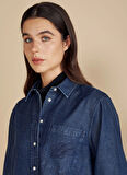Brooks Brothers Oversize Gömlek Yaka Lacivert Kadın Denim Gömlek Logo Nakışlı Tencel Crop Gömlek