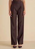 Brooks Brothers Yüksek Bel Regular Fit Koyu Kahve Kadın Pantolon Metal Logolu Çift Pileli Yün Palazz