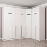 Kaleplus 7 Kapaklı 2 Çekmeceli Köşe Dolap + Yüklük Beyaz Mebran Beyaz Çizgili 255CM