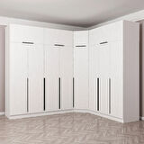 Kaleplus 8 Kapaklı 4 Çekmeceli Köşe Dolap + Yüklük Beyaz Mebran Beyaz Çizgili 255CM