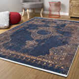 Klasik Lacivert Salon&Yolluk Dijital Baskılı Makinede Yıkanabilir Kaymaz Taban Saçaklı Halı HK190  