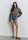 Fiora 90lar Puslu Indigo Mavisi Jean Şort 1411222-89780