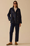 Seçil Kadın Düğmeli Cep Detaylı Kısa Trençkot 0001 Lacivert