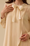 Kadın İnci Detaylı Asimetrik Saten Tunik - Bej | 44