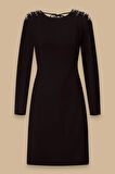 Kadın Uzun Kollu Sırt Dekolteli Diz Üstü Elbise - Siyah | 40