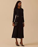 Kadın A Kesim Beli Metal Aksesuarlı Maksi Elbise - Siyah | 40