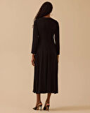 Kadın A Kesim Beli Metal Aksesuarlı Maksi Elbise - Siyah | 40