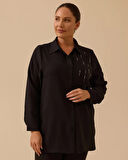 Kadın Büyük Beden Taş Detaylı Gömlek - Siyah | 44