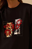 Kadın Çiçek Baskılı Sweatshirt - Siyah | M