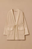 Kadın Rahat Kesim Çift Kumaşlı Bağcıklı Örme Ceket - Bej | S