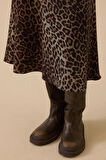 Kadın Leopar Desenli Düz Kesim Midi Etek - Kahverengi | 42