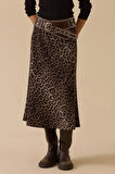 Kadın Leopar Desenli Düz Kesim Midi Etek - Kahverengi | 44