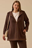 Kadın Büyük Beden Kapüşonlu Fermuarlı Kap - Kahverengi | 50