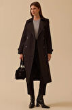 Kadın Kemerli Uzun Klasik Trençkot - Siyah | 38