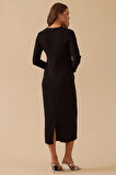 Seçil Kadın Taş Detaylı Drapeli Midi Boy Şık Elbise 8003 Siyah