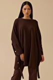 Kadın Yan Düğme Detaylı Uzun Tunik - Kahverengi | M