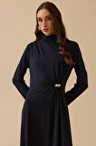 Seçil Kadın Metal Aksesuarlı Drapeli Elbise 1025 Lacivert