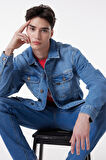 Slim Fit Dar Kesim %100 Pamuk Mavi Denim Kot Ceket