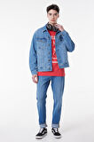 Slim Fit Dar Kesim %100 Pamuk Mavi Denim Kot Ceket
