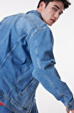 Slim Fit Dar Kesim %100 Pamuk Mavi Denim Kot Ceket