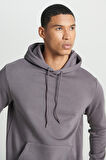 Regular Fit Normal Kesim Kapüşonlu İçi Polarlı Cep Detaylı Gri Sweatshirt