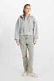 Relaxed Fit Geniş Kesim Kapüşonlu Fermuarlı %100 Pamuk Gri Sweatshirt Ceket